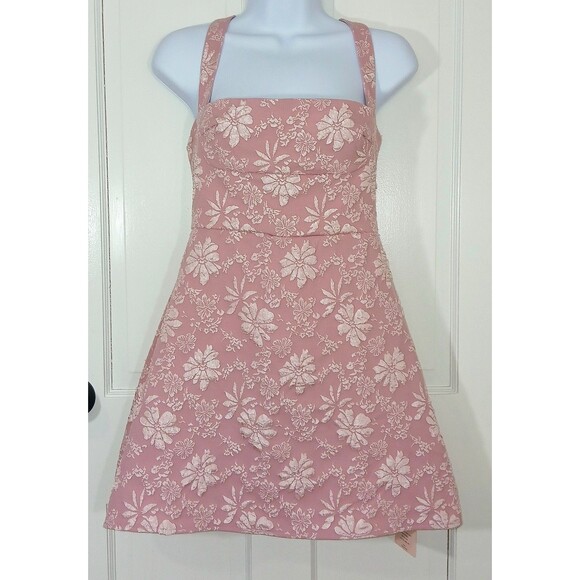 Coquette Pink Floral Jacquard Mini Dress Lace Up Corset Back Sexy Romantic NWT L - Picture 3 of 16